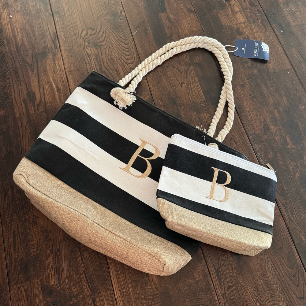 NWT Amazon “B” Monogram Black and White Striped Tote Bag with Pouch